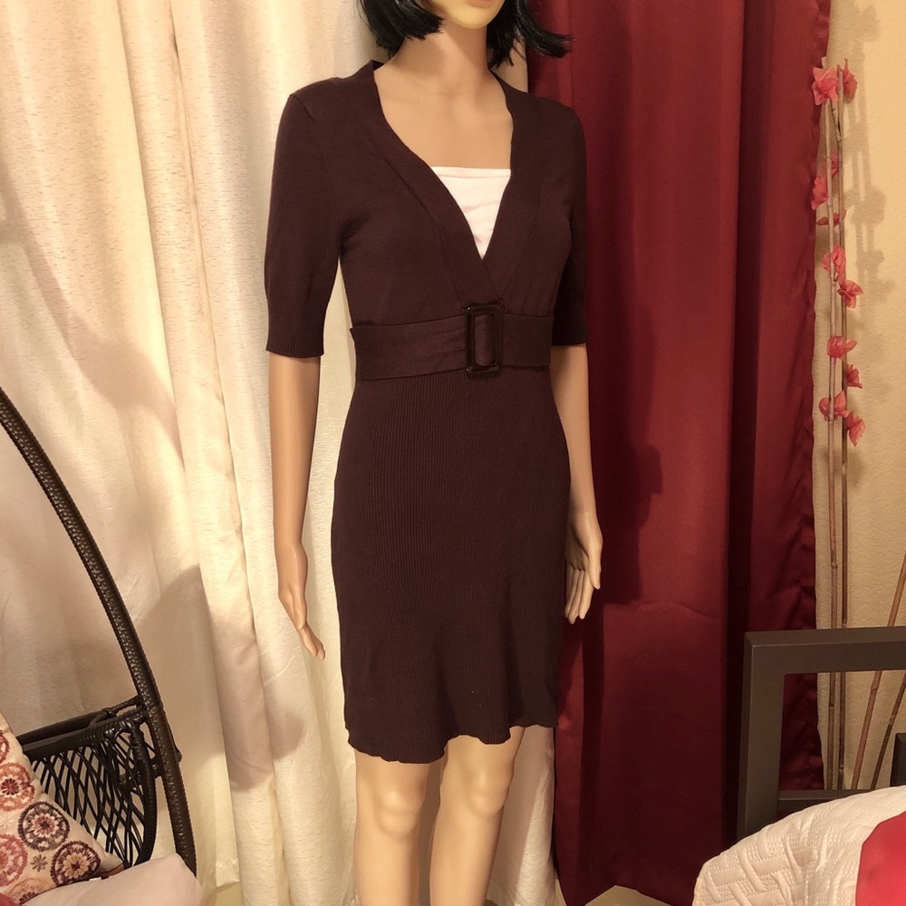 Brown Belted Medium Sleeve Dress